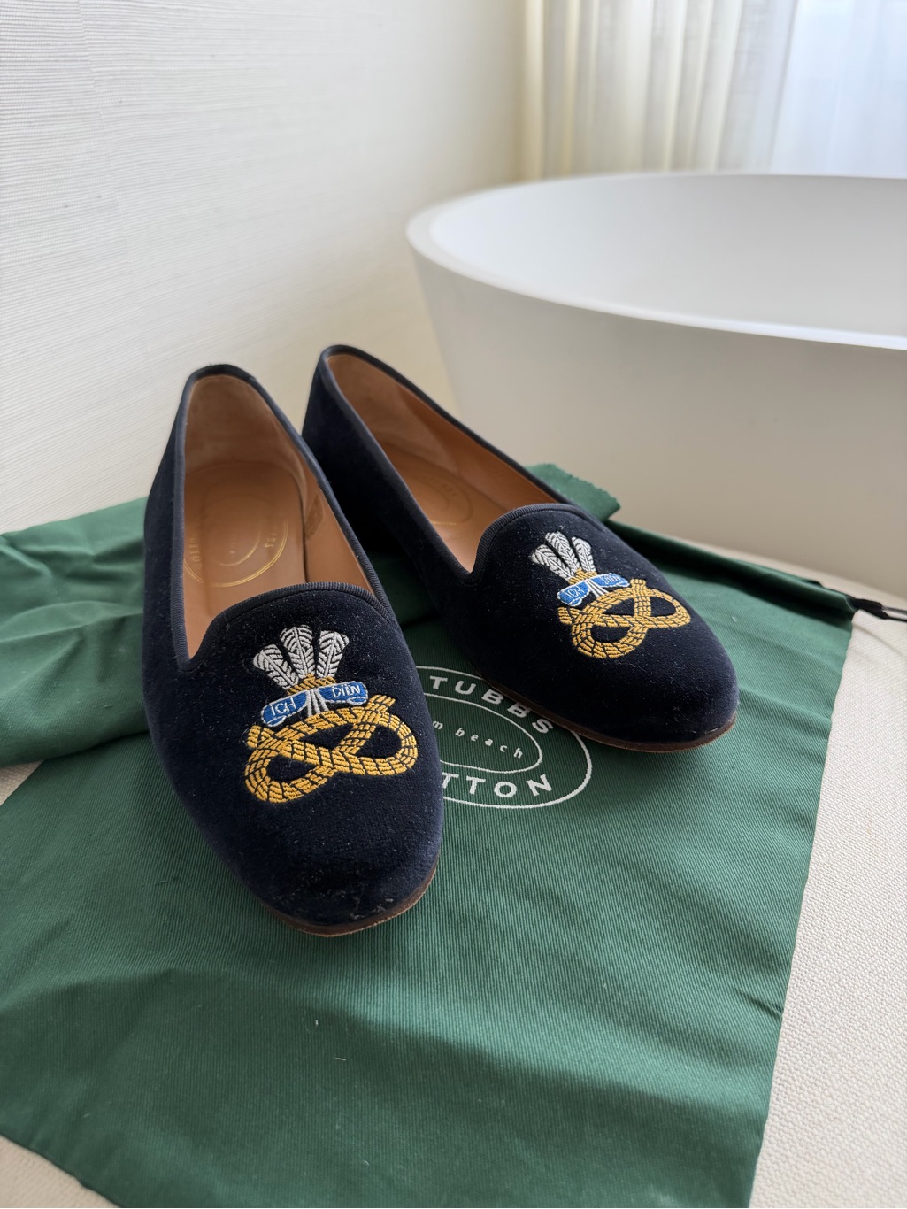Stubbs & Wootton Navy Velvet Embroidered Loafers — image 2 of 8